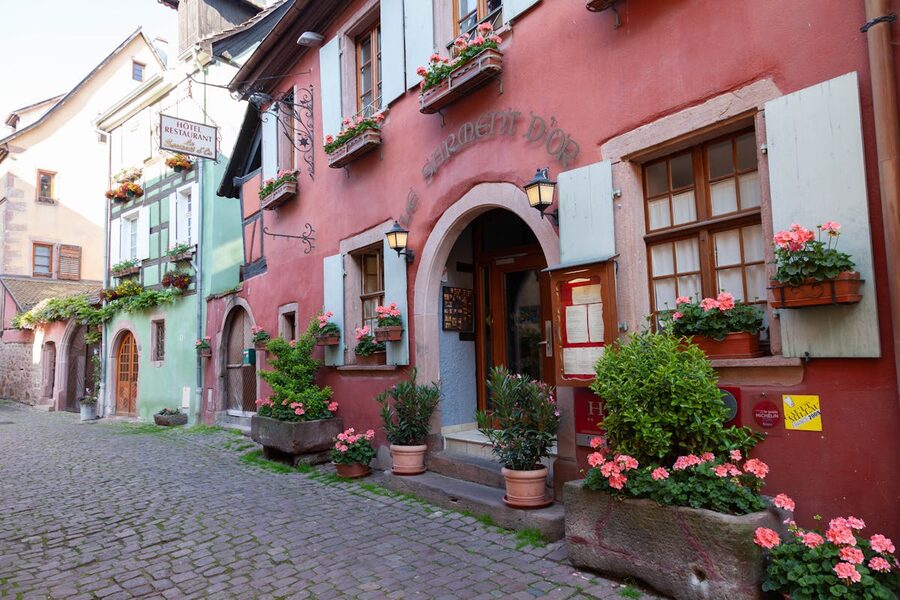 Colourful half-timbered houses in Riquewihr Alsace
