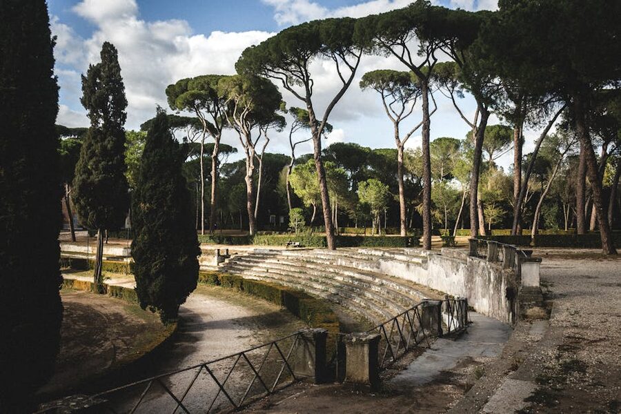 Roman park with pine trees and empty paths