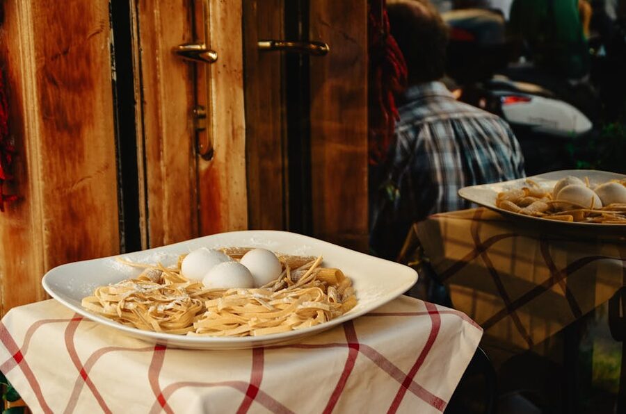 Fresh pasta display outside Rome restaurant