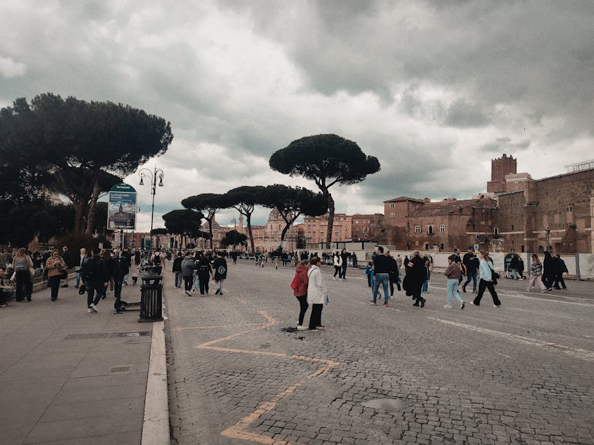 Roman piazza with umbrella pines