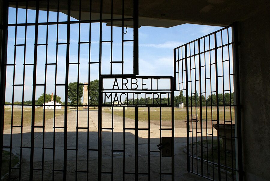 Sachsenhausen gate with Arbeit Macht Frei inscription