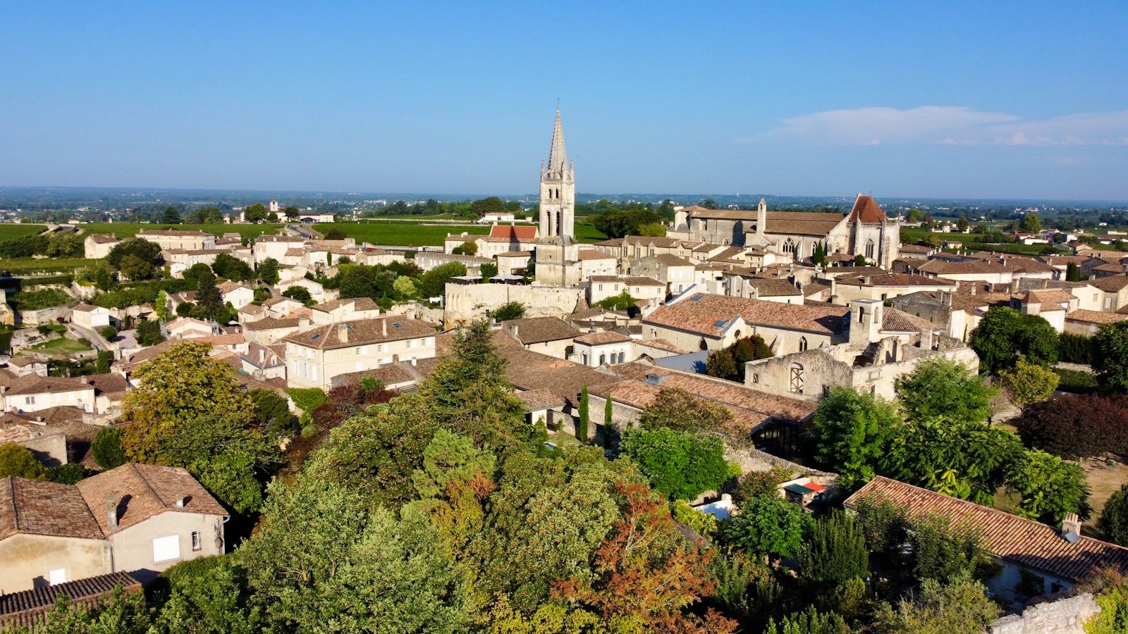 Aerial view of Saint-Emilion France with Gothic architecture and surrounding vineyards