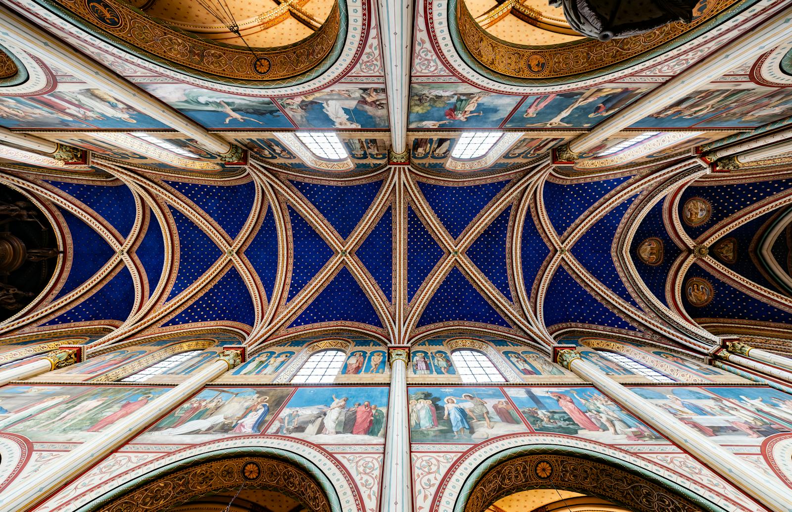 Decorated ceiling of historic Sainte-Chapelle in Paris