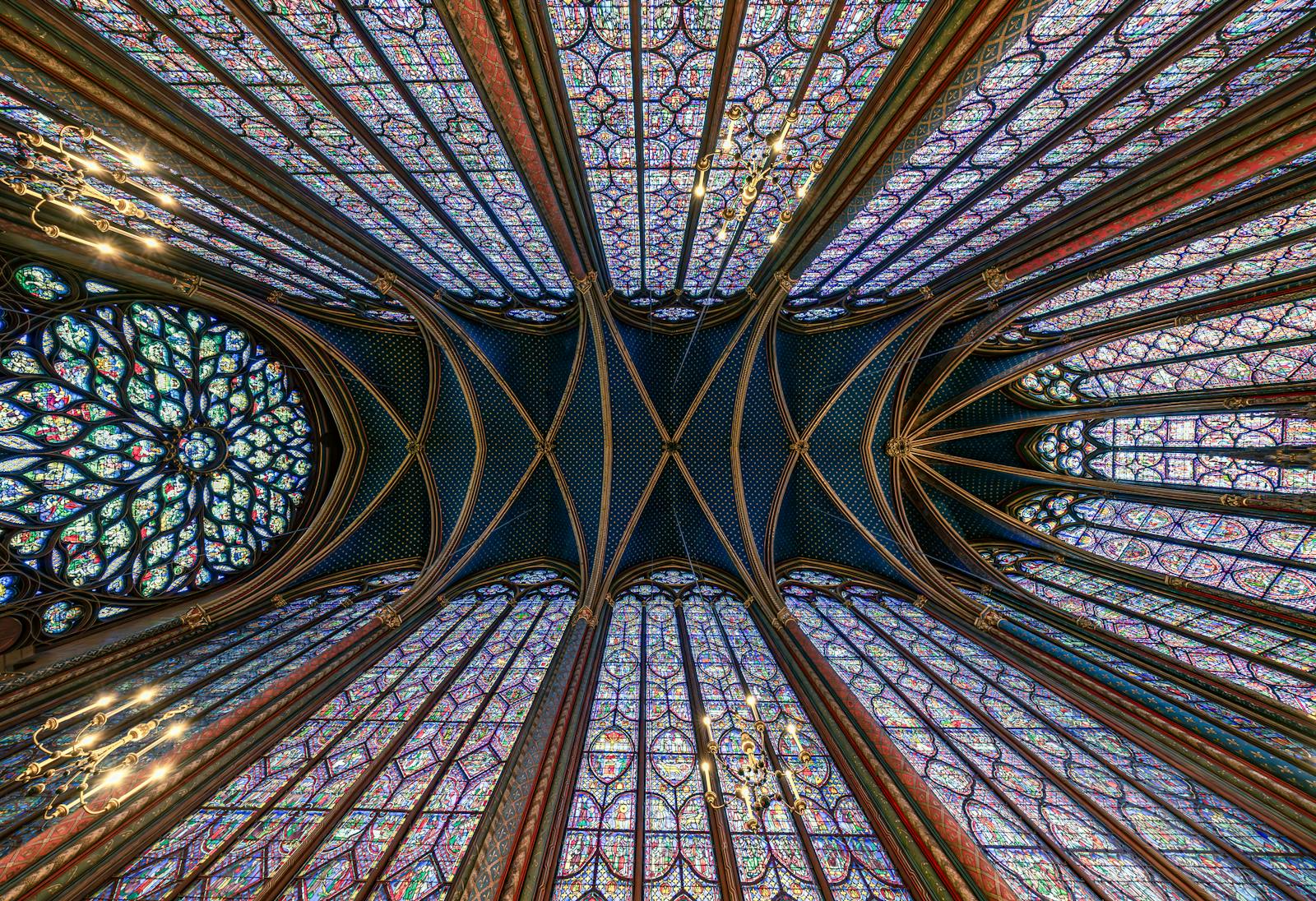 Intricate vaulted ceiling inside Sainte-Chapelle Paris