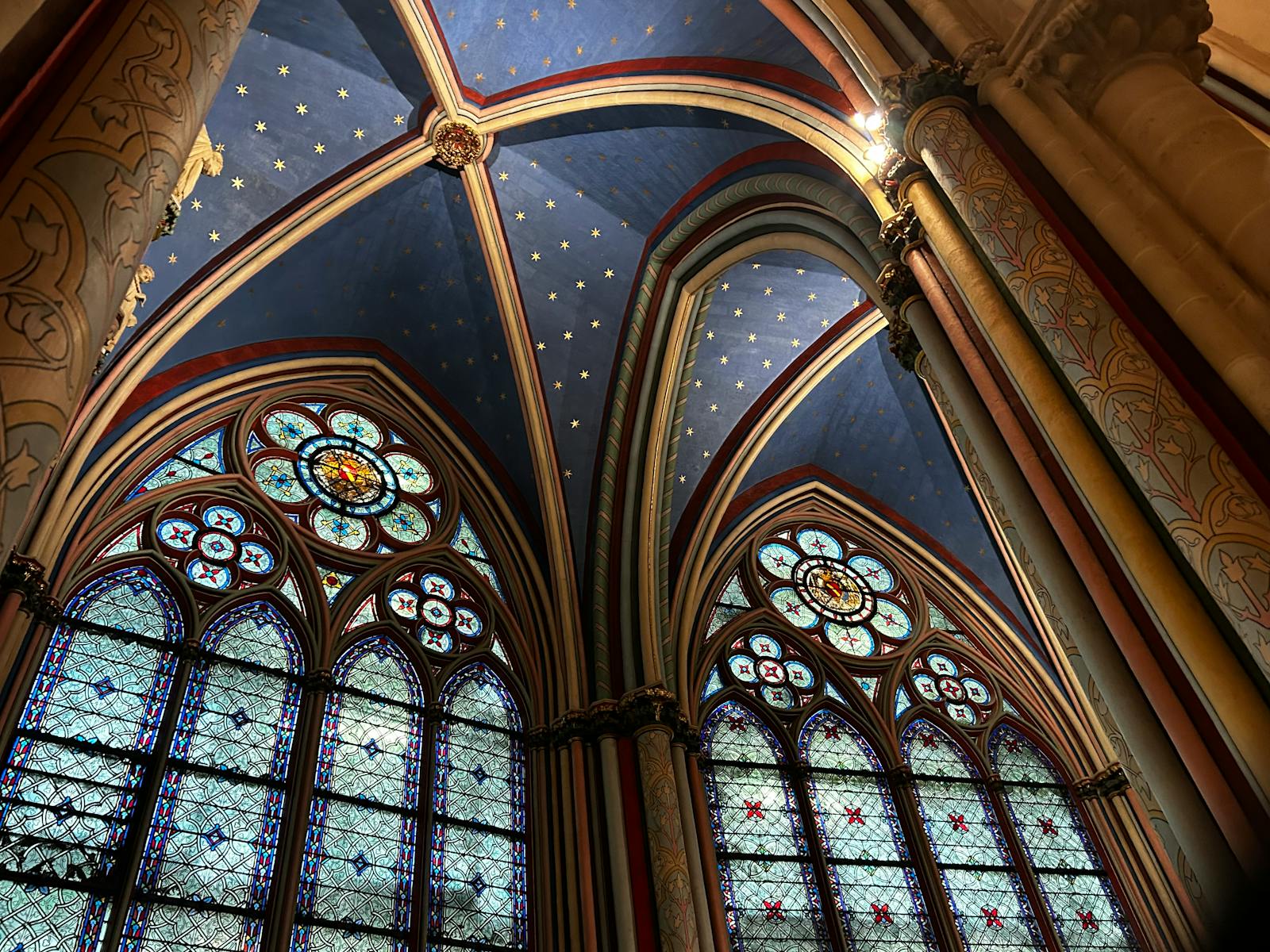 Vaulted ceiling of Sainte-Chapelle showing gothic architectural grandeur