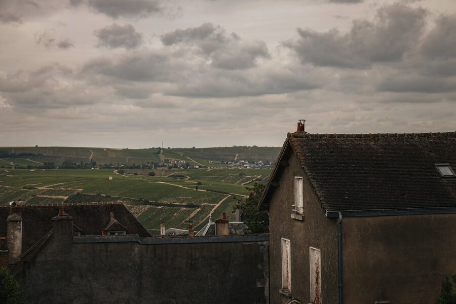 Vineyards and charming rooftops in French wine country