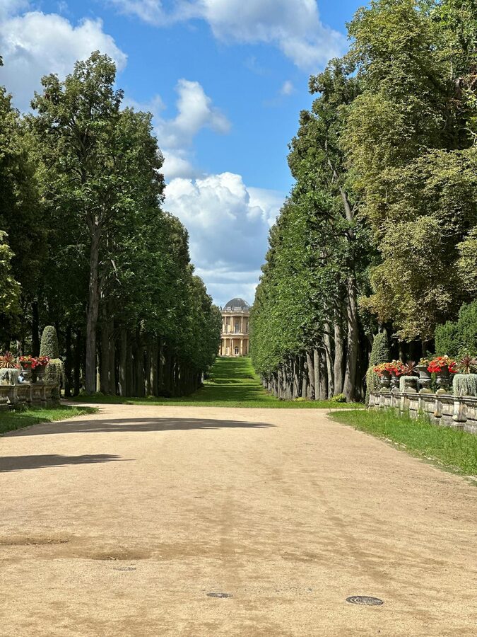 Tree-lined path through Sanssouci Park leading to a Baroque palace