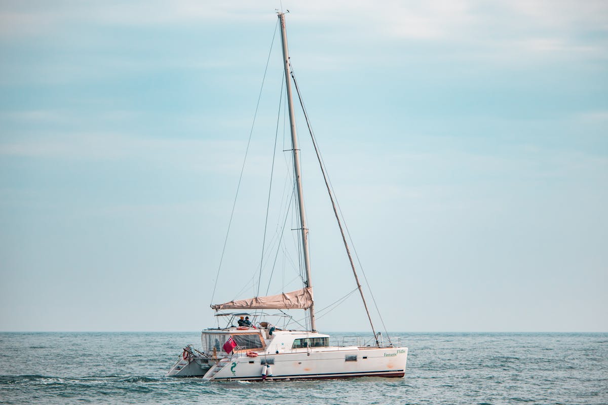 A catamaran sailing on the sea under a pastel sky