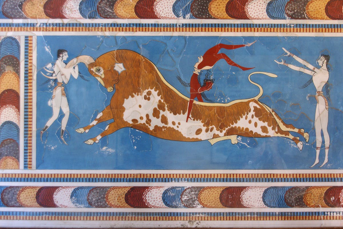 Colourful Minoan fresco depicting bull-leaping from Knossos, Crete