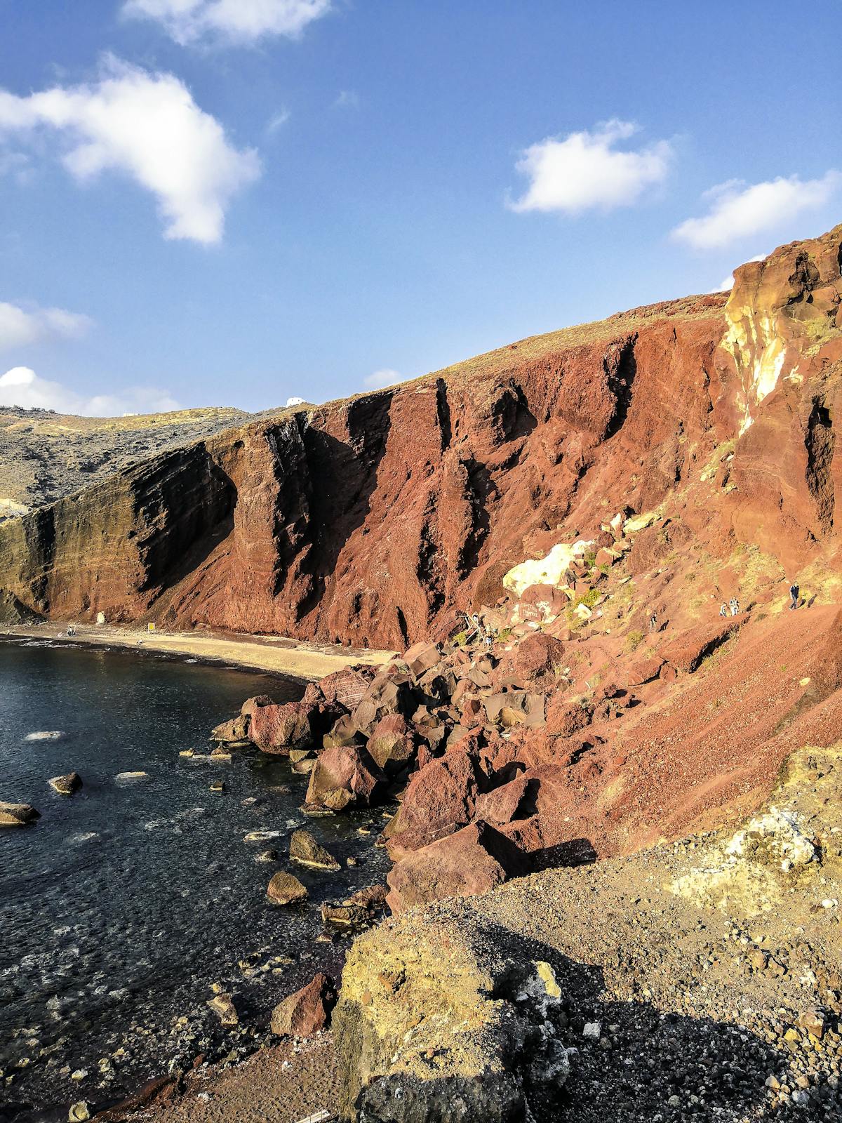 Red cliffs at Red Beach in Santorini under a clear blue sky