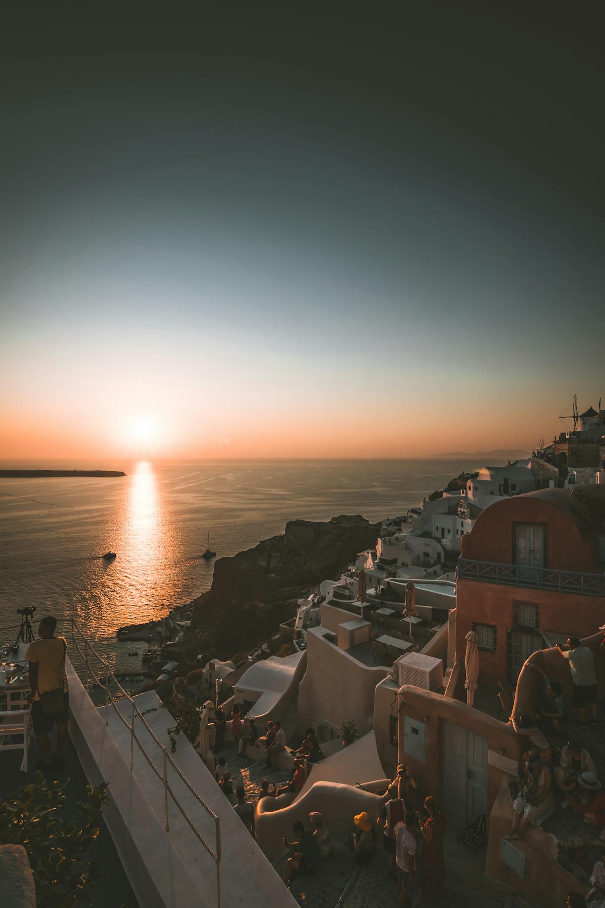 Sunset view of Santorini's Cycladic architecture and Aegean Sea