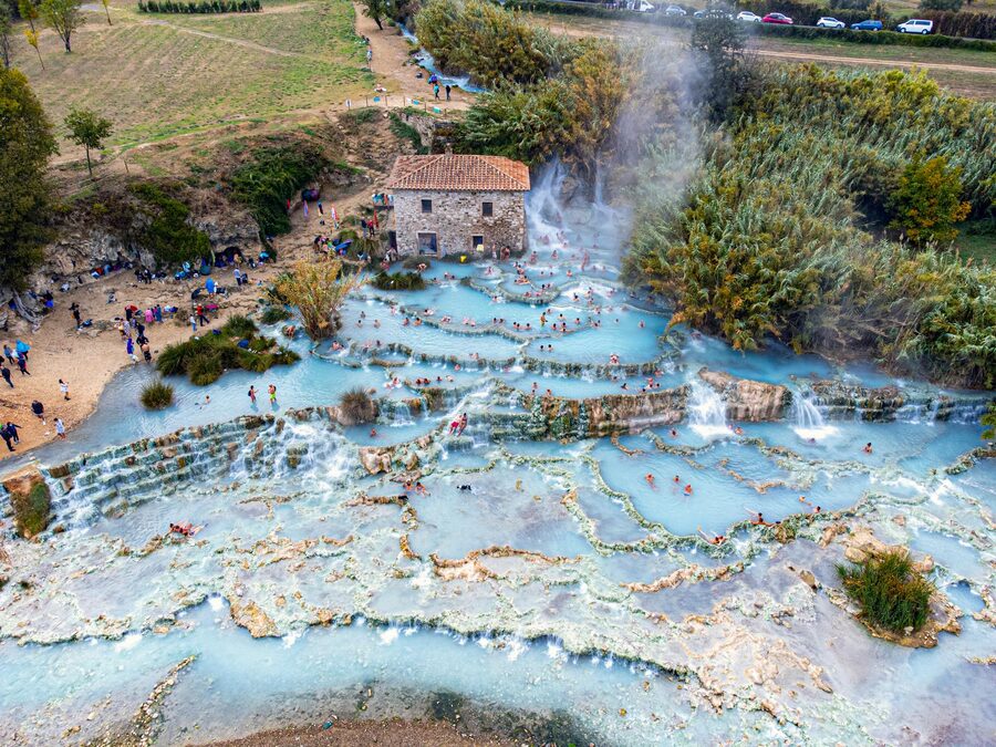Saturnia hot springs aerial view with turquoise waters