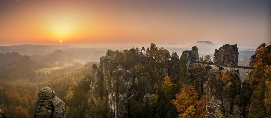 Bastei at sunrise in Elbe Sandstone Mountains