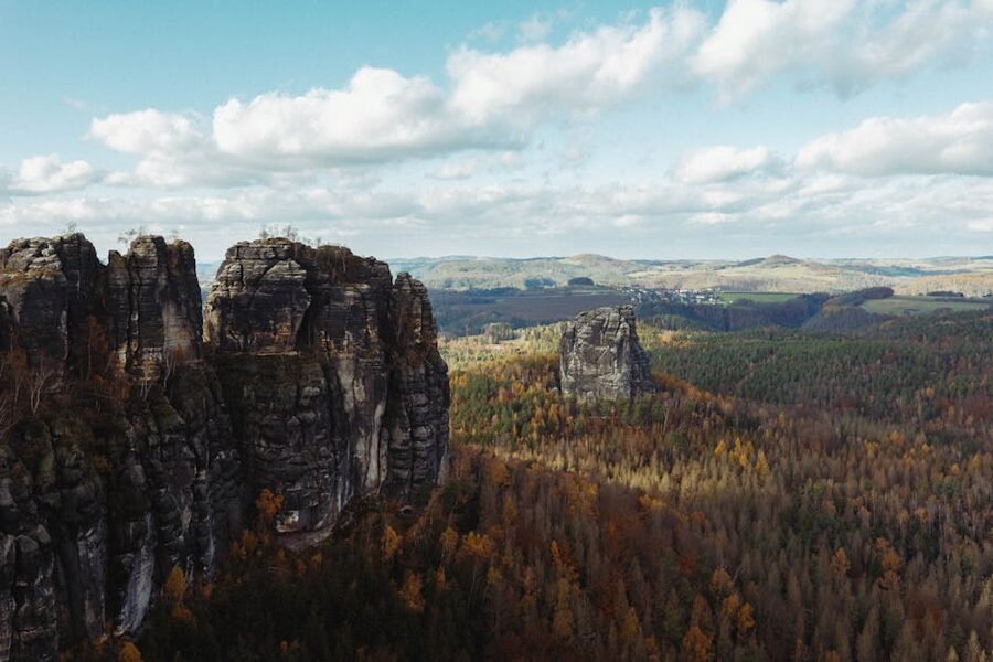 Rocky cliffs and autumn forest landscape Saxon Switzerland