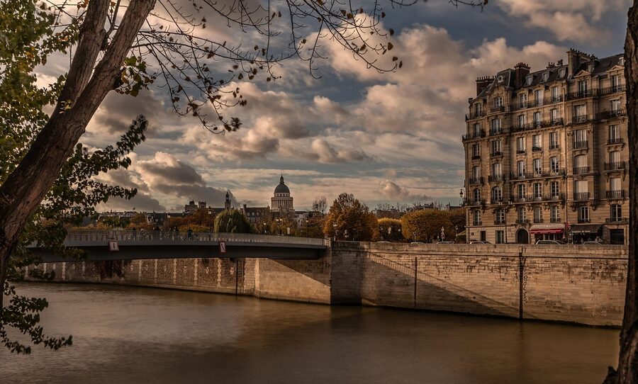Seine river panorama with Pantheon dome visible in Paris