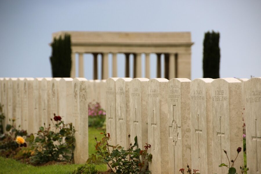 Military cemetery tombstones on the Somme France