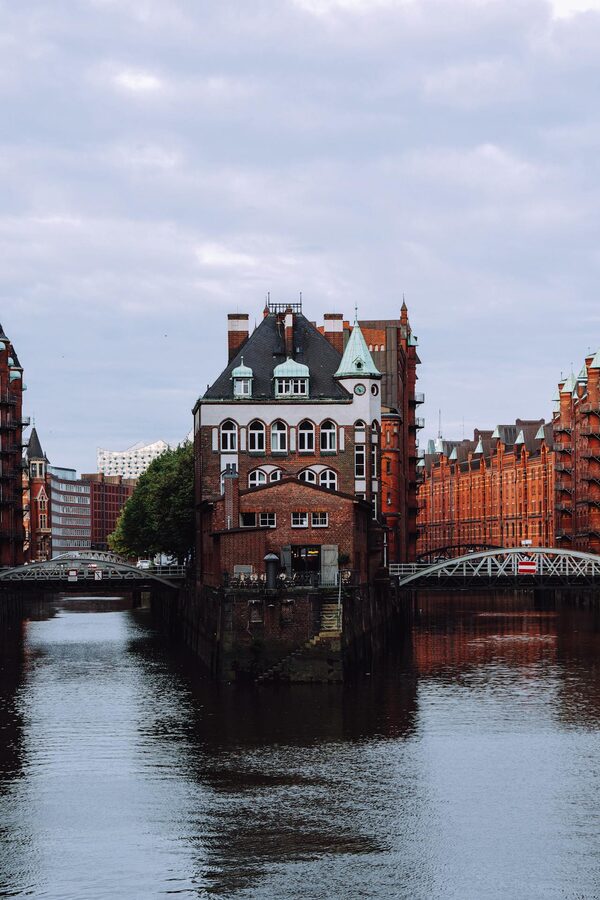 Speicherstadt buildings and canal reflections in Hamburg