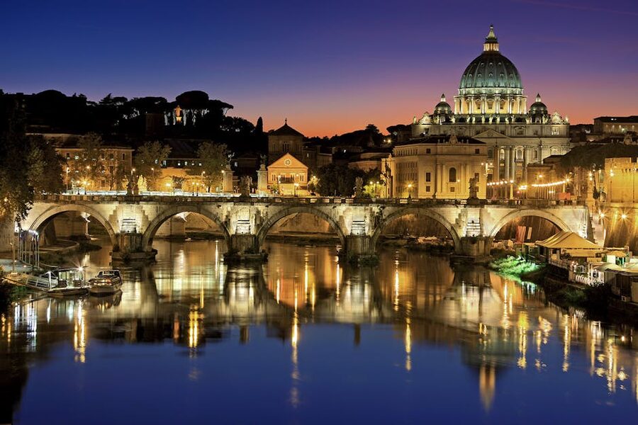 St Peters Basilica and St Angelo Bridge at night