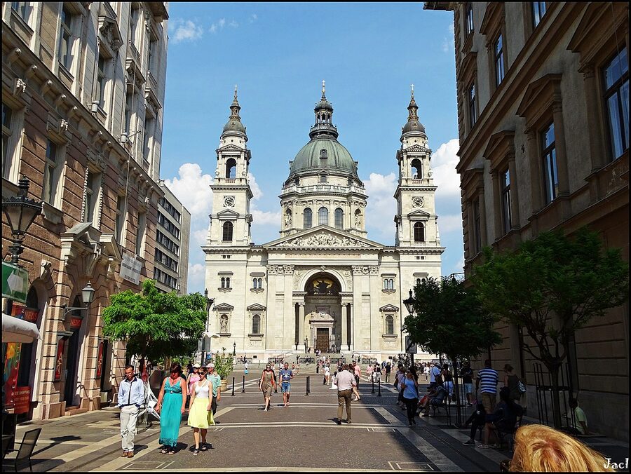 Wide view of St Stephens Basilica and Szent Istvan ter square in Budapest