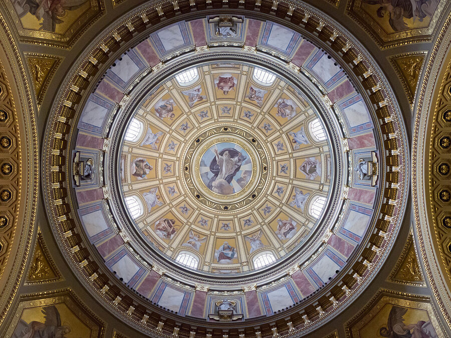 The grand neoclassical facade of St Stephens Basilica in Budapest with its twin bell towers