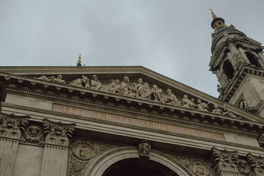 Close-up view of the neoclassical facade of St Stephens Basilica in Budapest showing columns and sculptural details