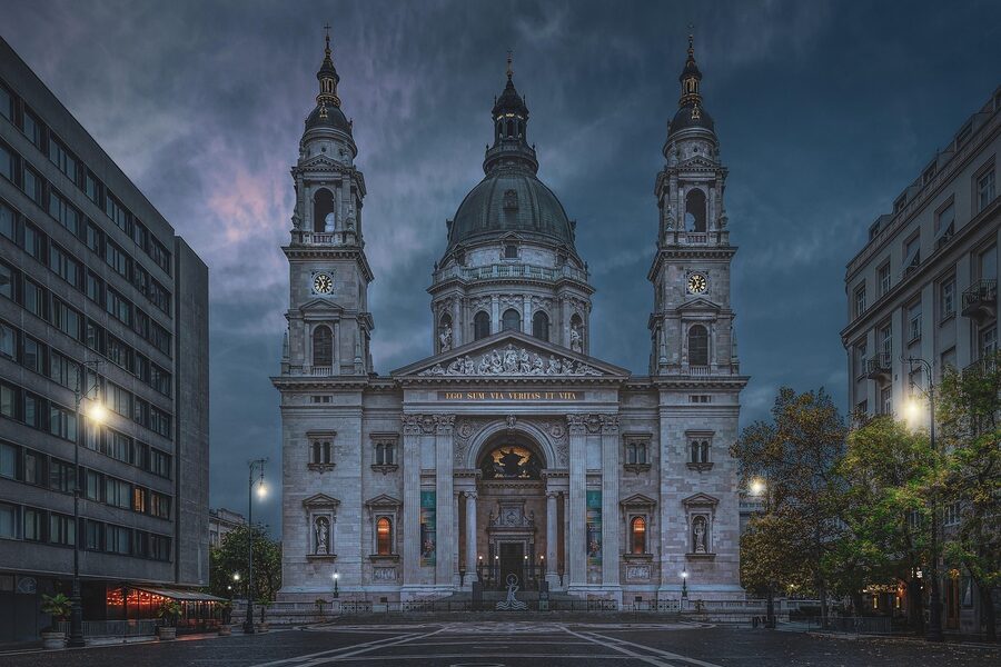 St Stephens Basilica viewed from Szent Istvan Square in Budapest with towers and dome visible