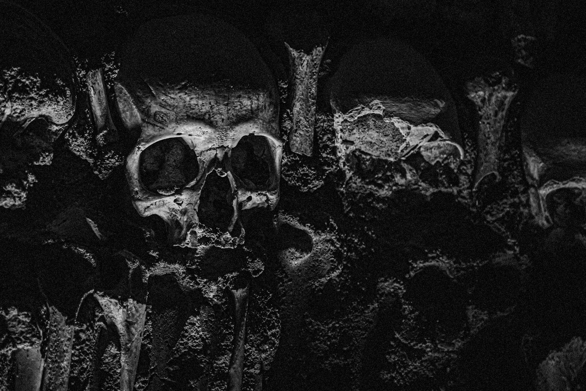 Stone-carved skulls creating a mysterious grayscale scene