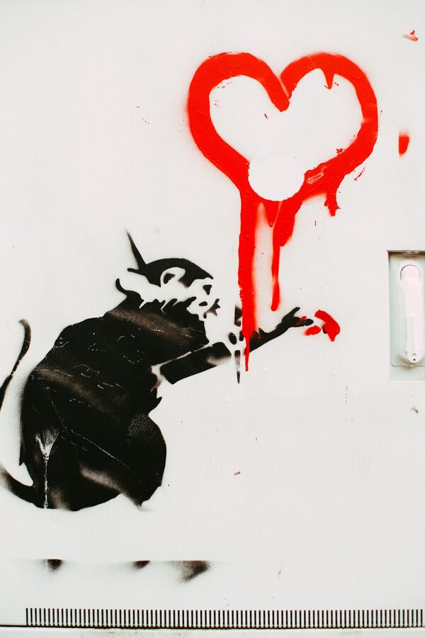Street art depicting a black rat reaching for a dripping red heart on a white wall