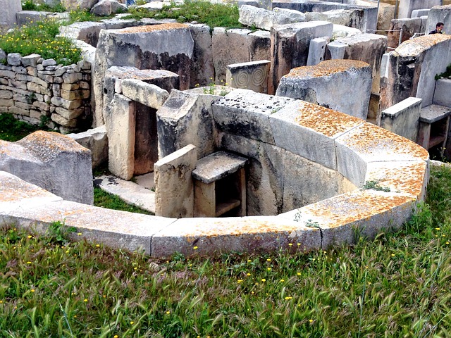 Tarxien temple ruins in Malta showing UNESCO World Heritage megalithic structures
