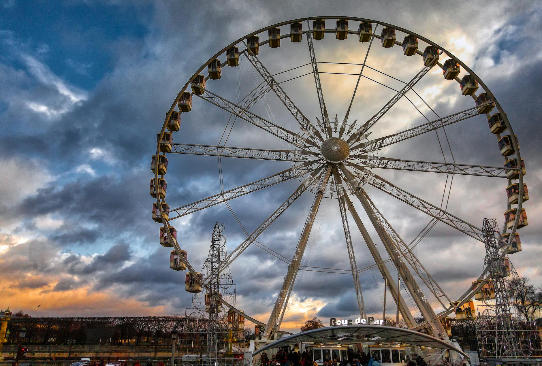Ferris wheel at a theme park under cloudy sky