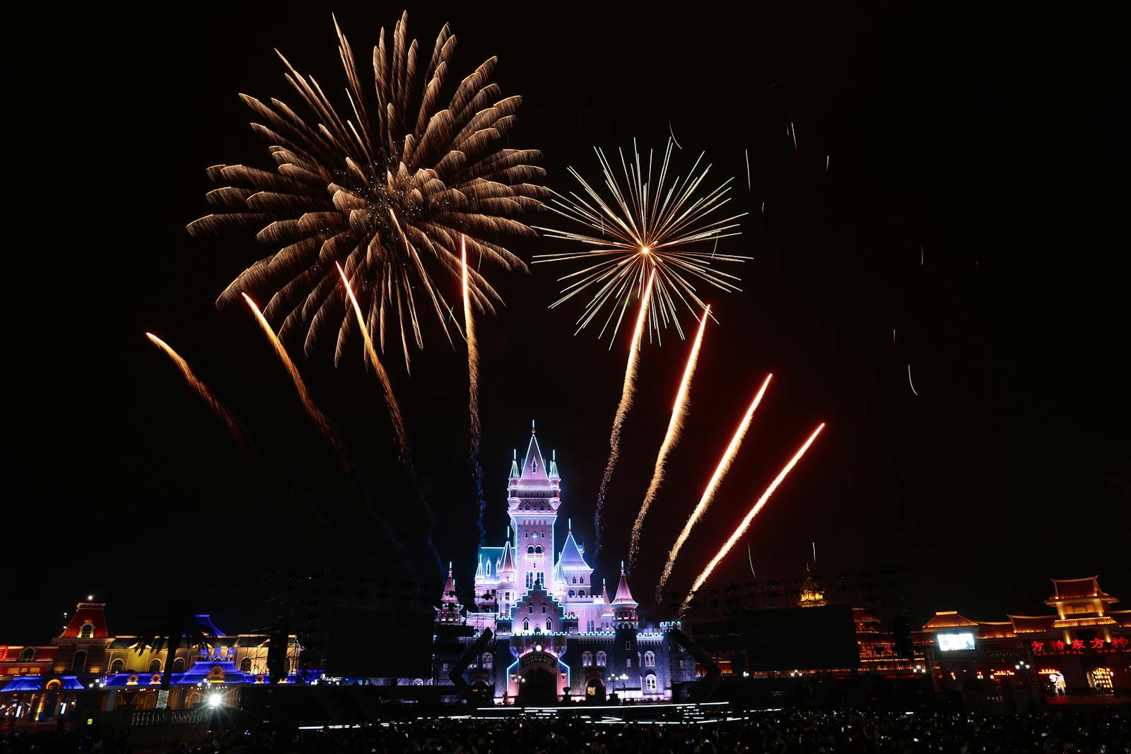Night view of a fairy-tale theme park castle with fireworks overhead