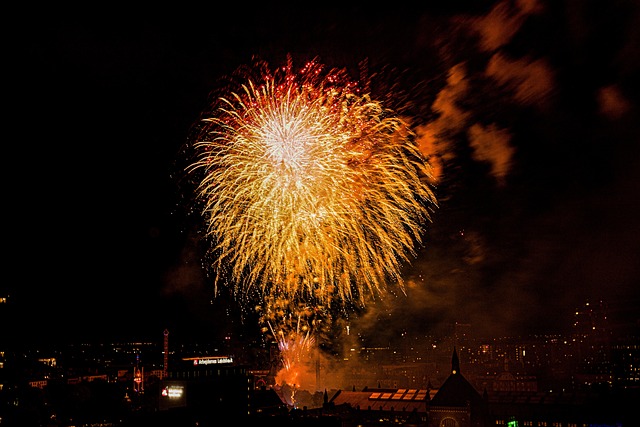 Fireworks display over Tivoli Gardens at night in Copenhagen