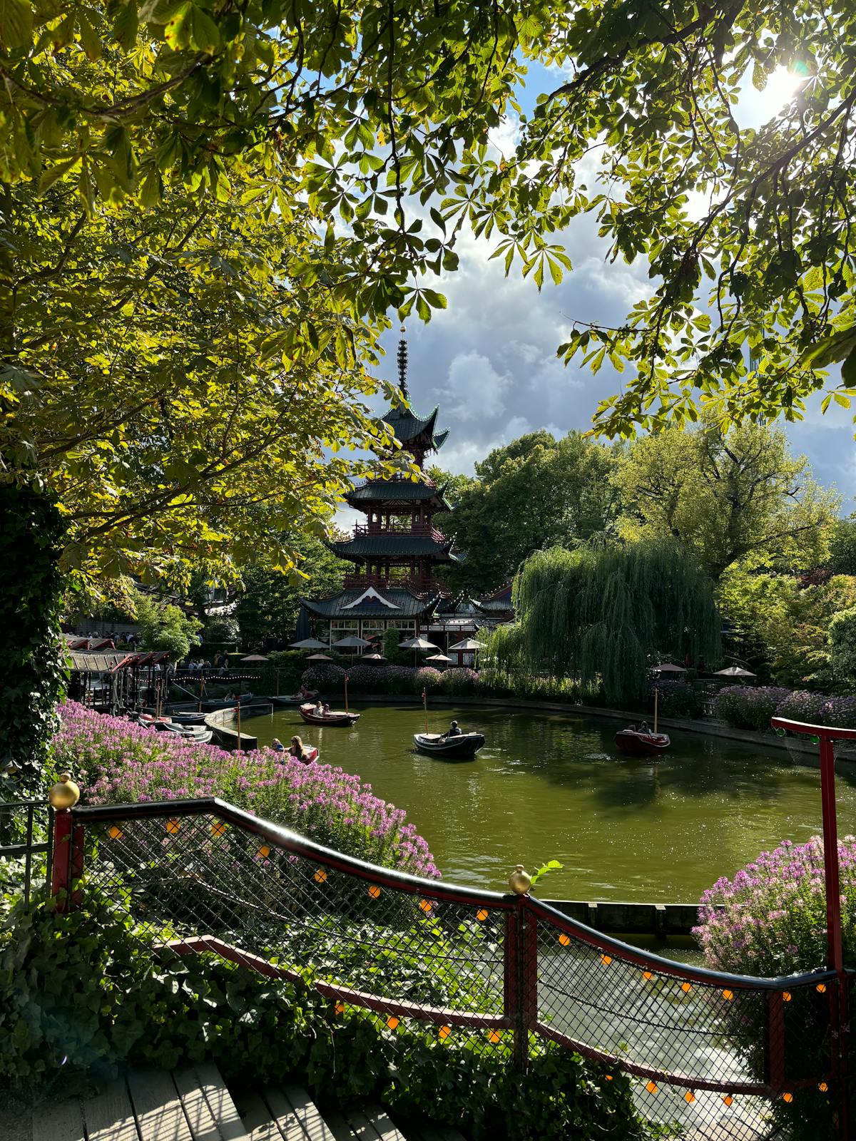 Pagoda and serene pond at Tivoli Gardens in Copenhagen