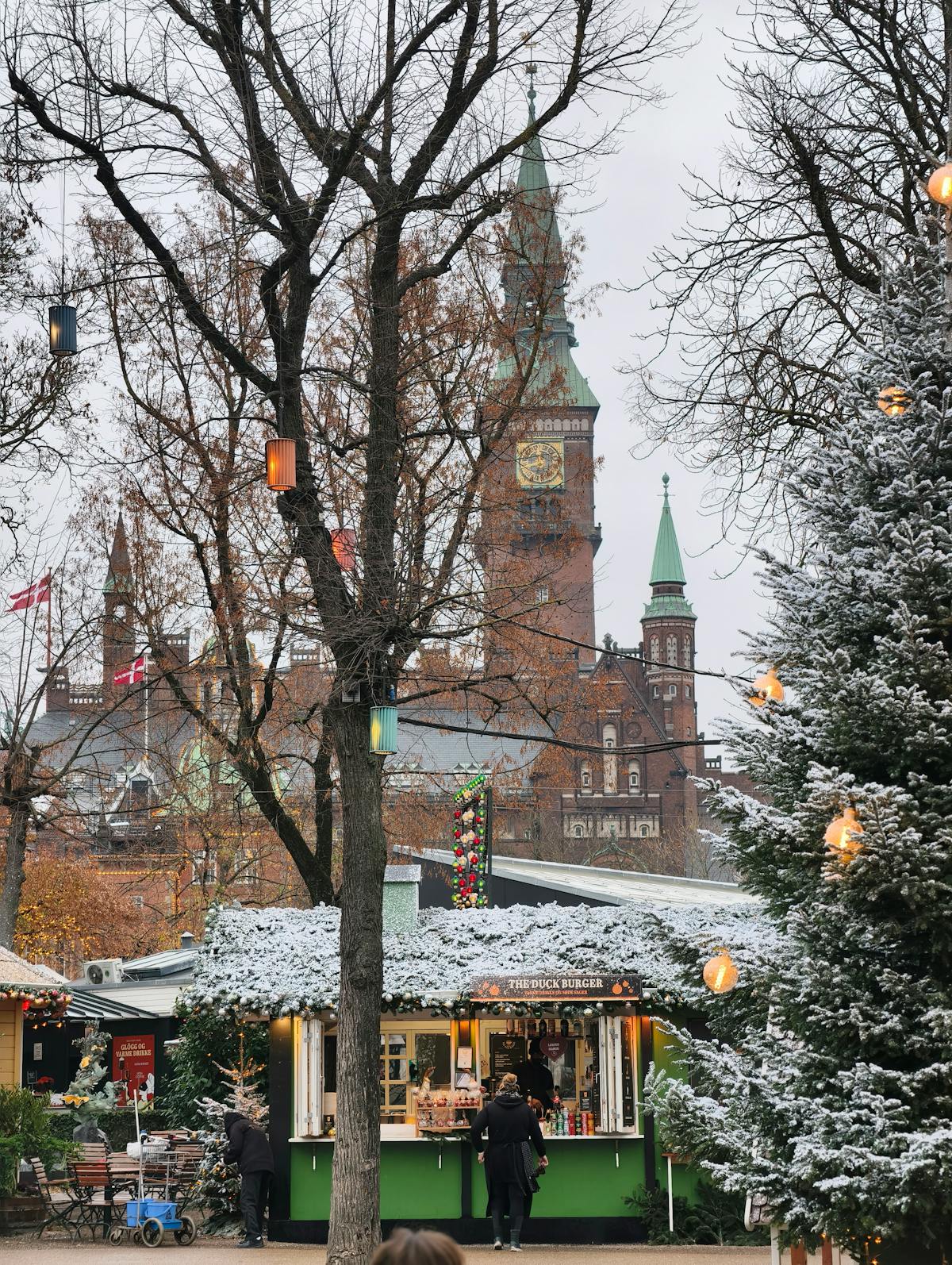 Snowy winter market scene at Tivoli Gardens, Copenhagen