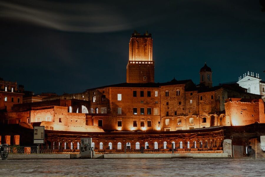 Trajans Market illuminated at night Rome