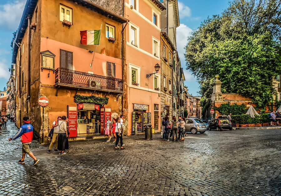 Trastevere Rome street scene with cobblestones