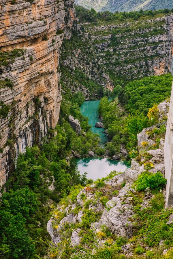 Turquoise river winding through a green gorge in southern France