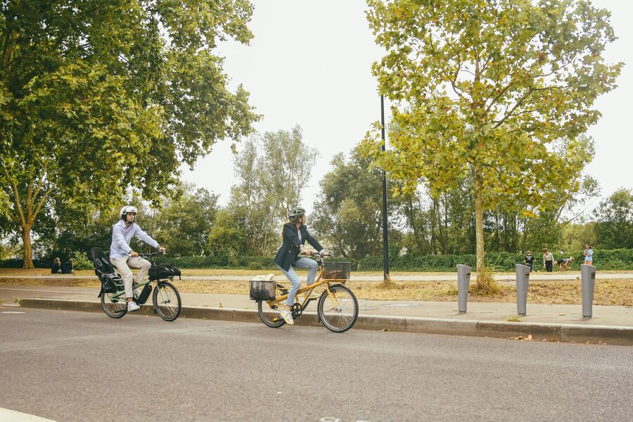 Two cyclists riding through a tree-lined Paris street