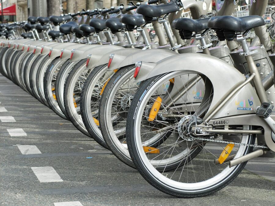 Row of Velib bicycles parked in Paris for urban rental