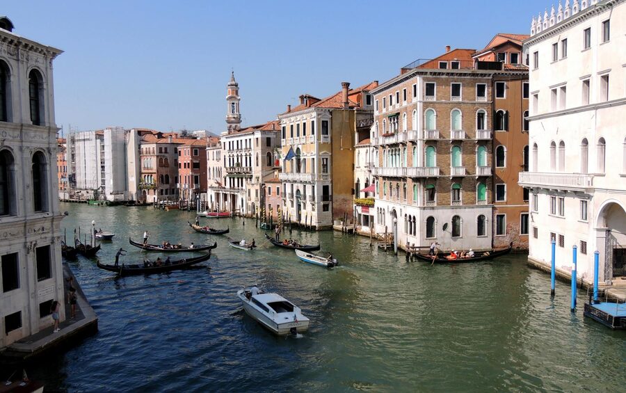 Aerial view of Venice Grand Canal with gondolas