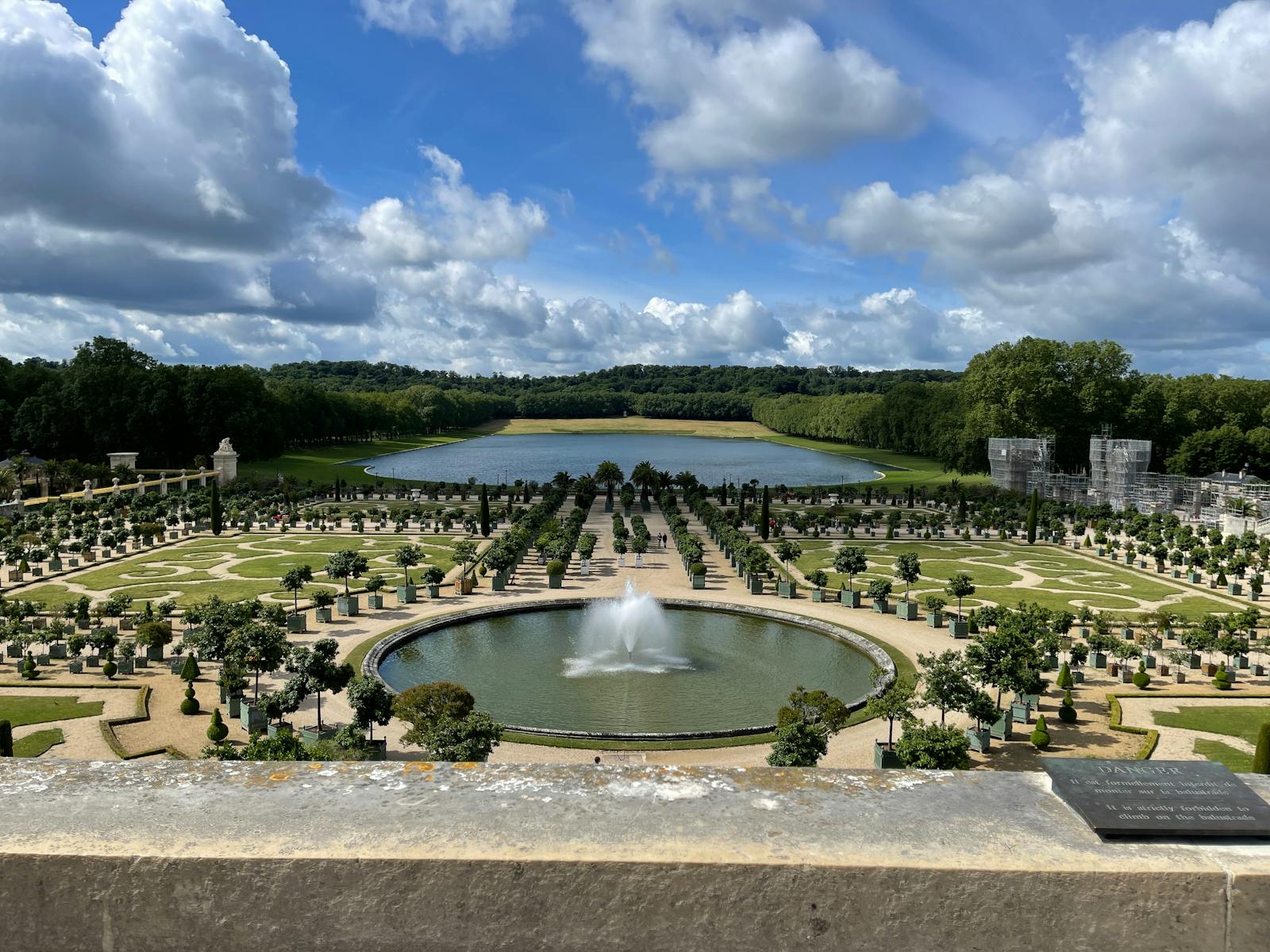 Aerial view of the gardens and fountain at Versailles France