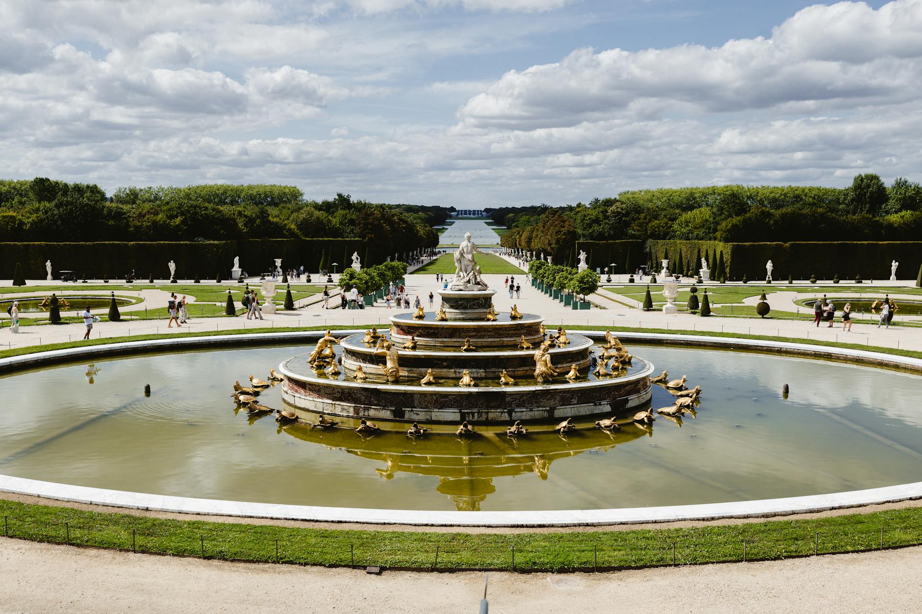 The grand fountain at Versailles with a view across the gardens