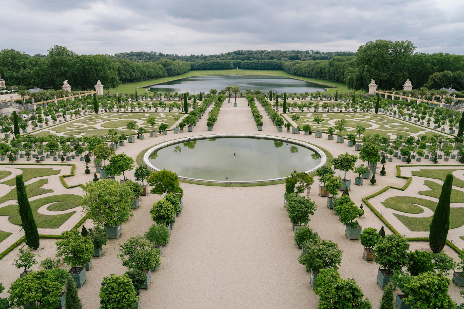 The intricate gardens at the Palace of Versailles