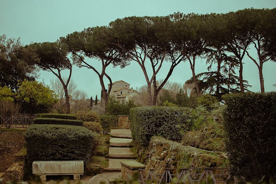 Villa Borghese Gardens lush Italian pine trees