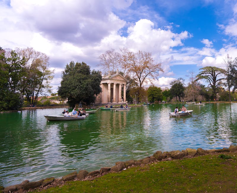 Rowboats on Villa Borghese lake near Temple of Aesculapius