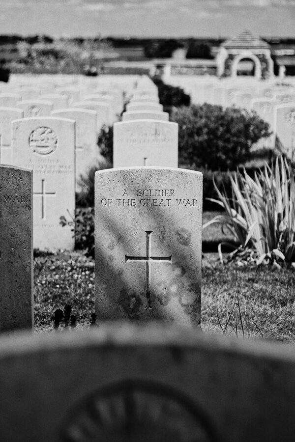 War cemetery tombstones in black and white