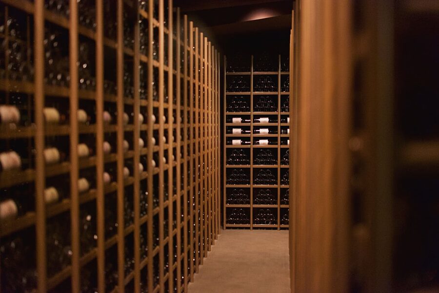 Elegant wine cellar display with rows of wine bottles in France