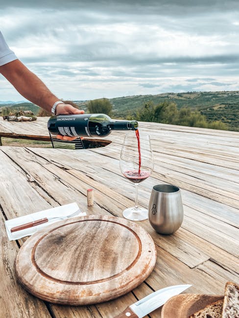 Wine glasses on a table at a vineyard tasting session