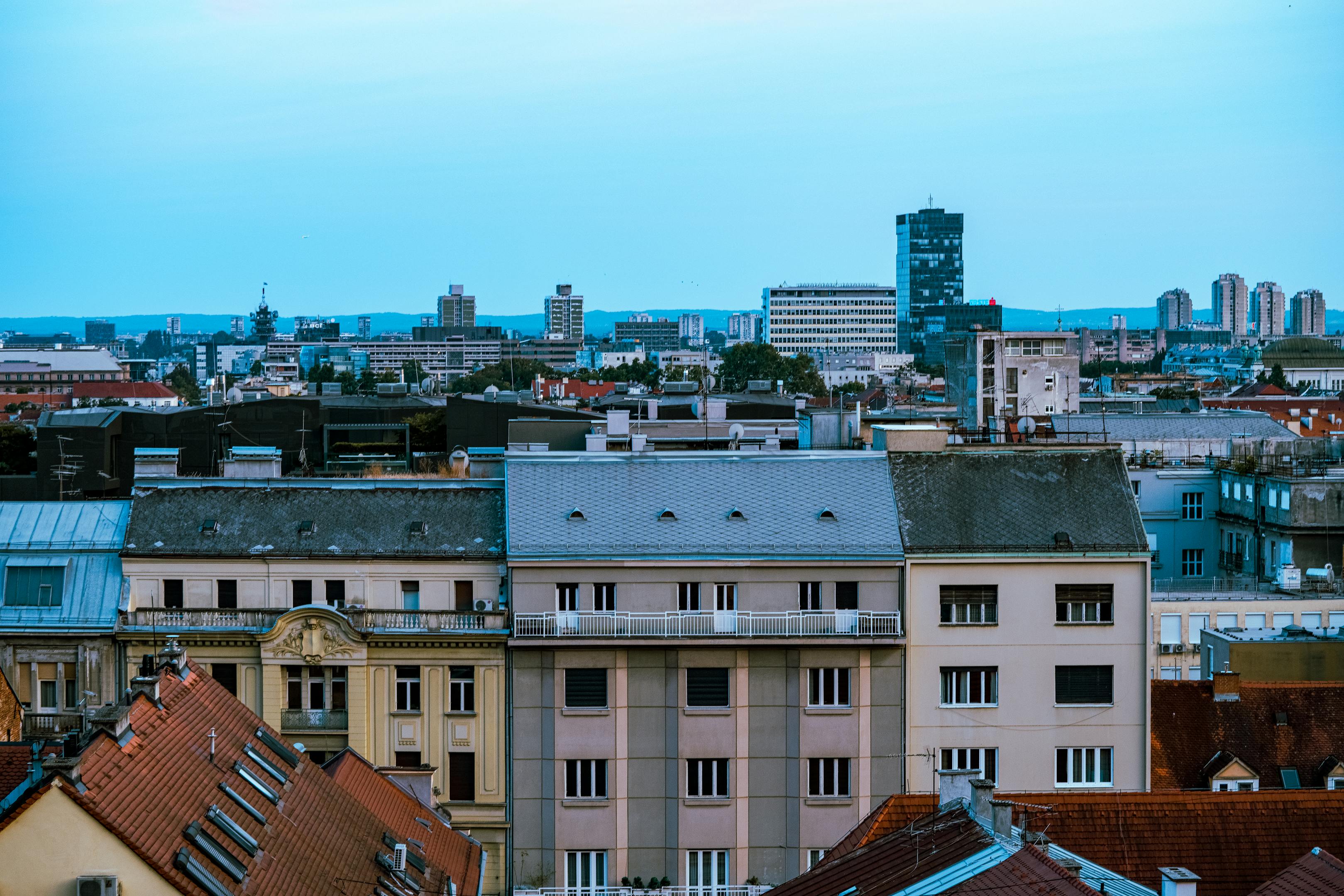 Aerial cityscape of Zagreb showcasing historic buildings and modern skyline