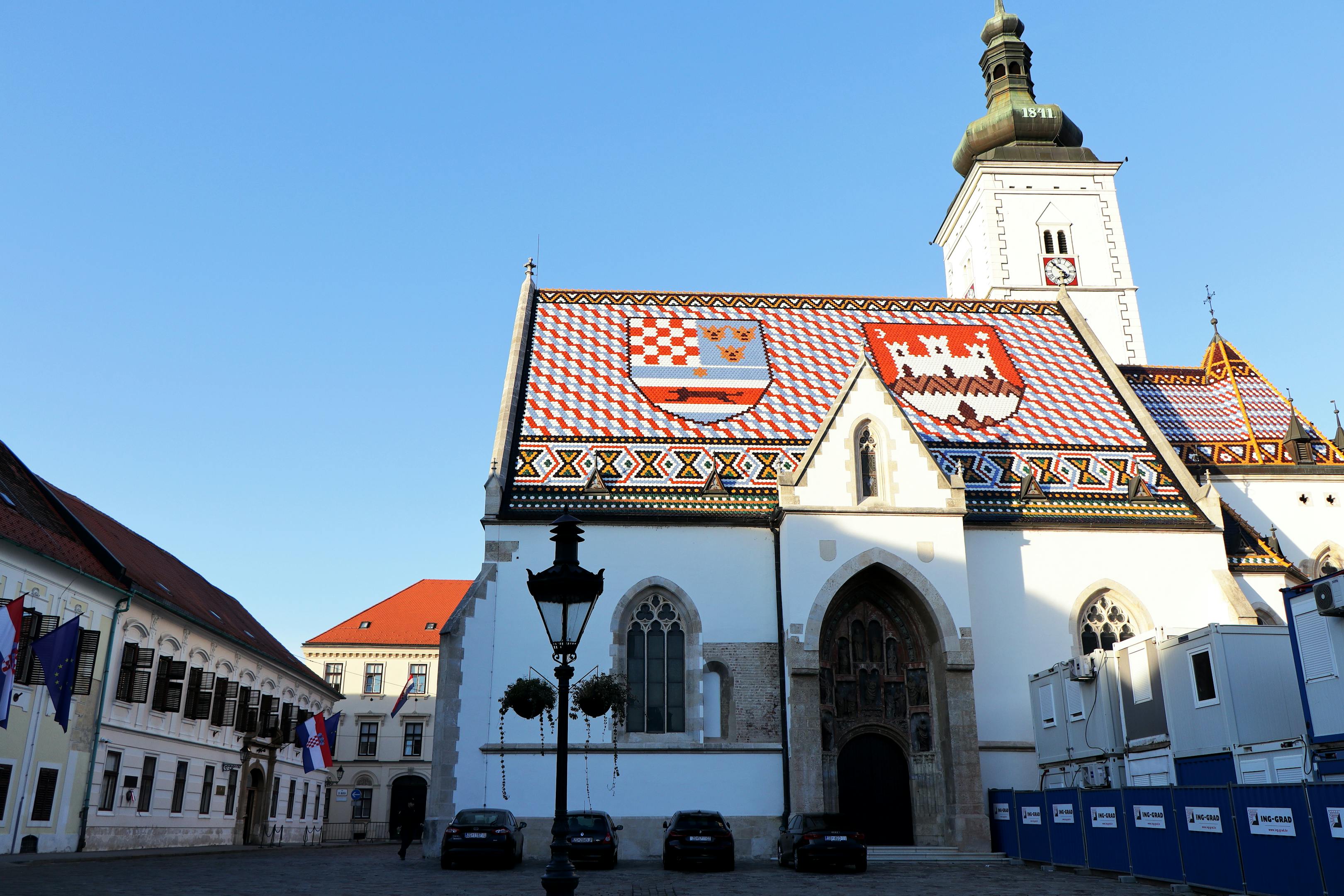 St. Mark's Church in Zagreb features a vibrant tiled roof with historic coats of arms
